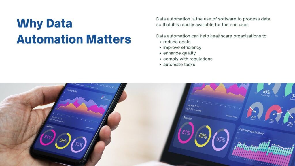 Data automation in healthcare is the process of using automated tools or techniques to record, communicate, process, transform, load, or present data and information.